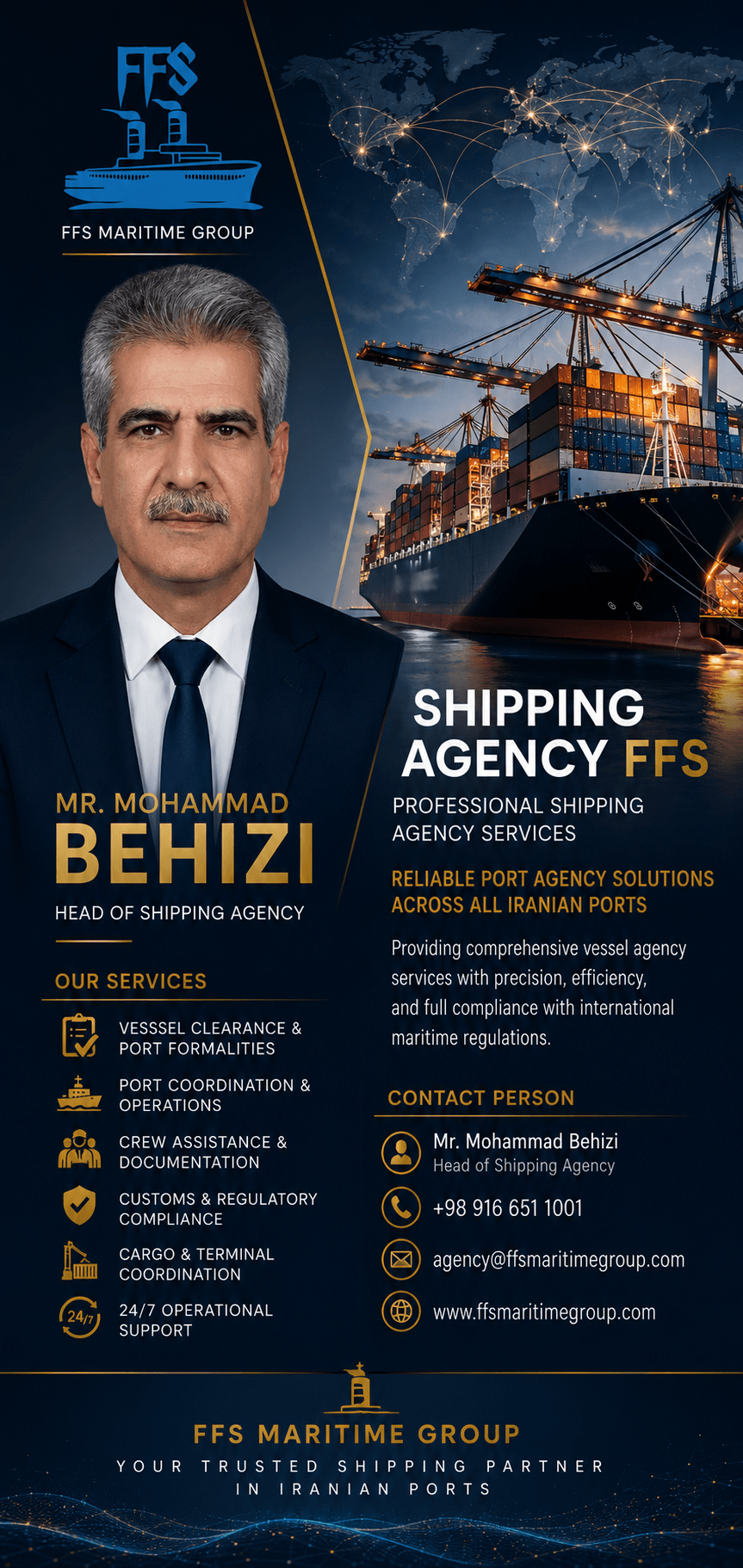 Shipping agency services for vessels calling at southern Iranian ports